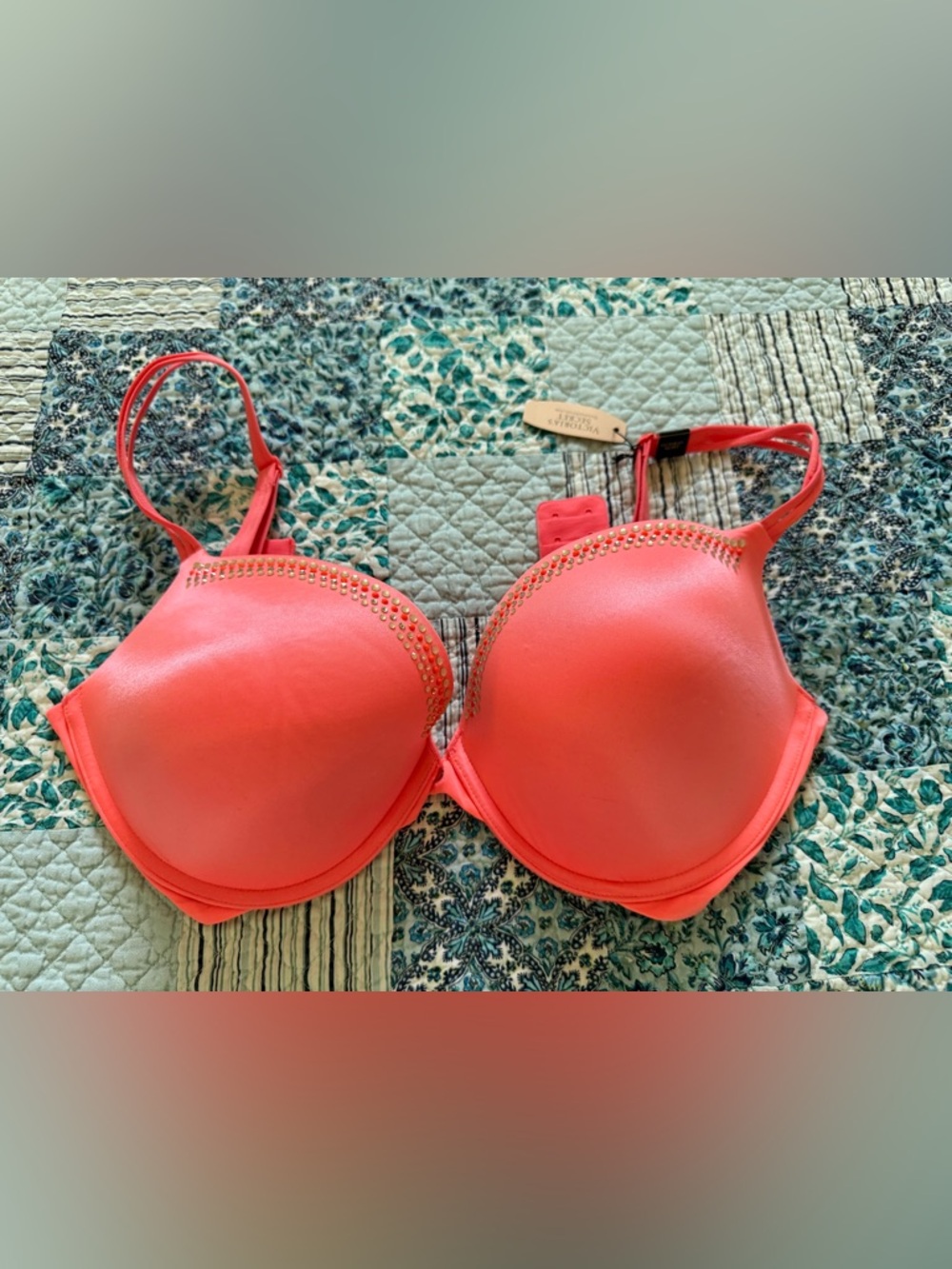 Victoria's Secret Coral Push-Up Bra with Gold Stud Accents